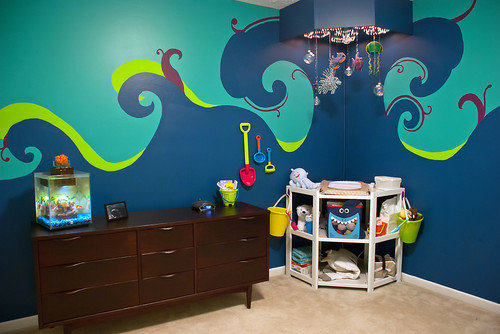 Customized Wall Mural and Customized Corner Lighting are on the Sand Color Carpet . Brown Dresser and Corner Table areNice Combination.